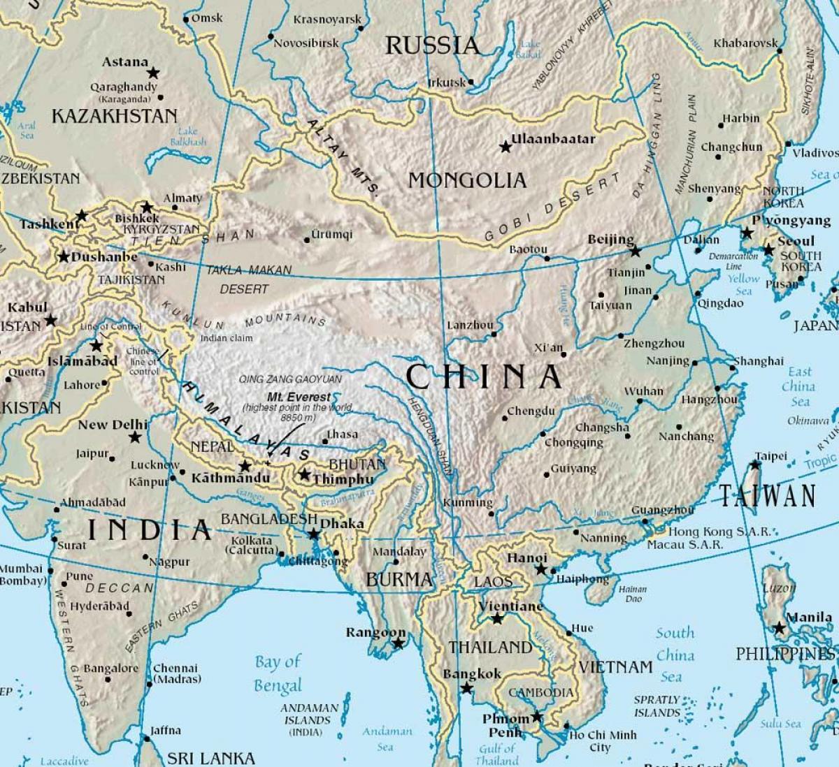 চীন এর মানচিত্র সঙ্গে পর্বত
